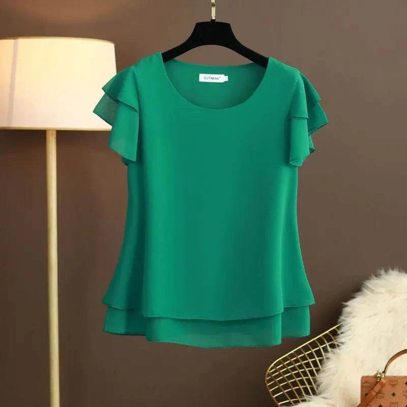 Green loose chiffon summer blouse for women with short sleeves and O-neck design