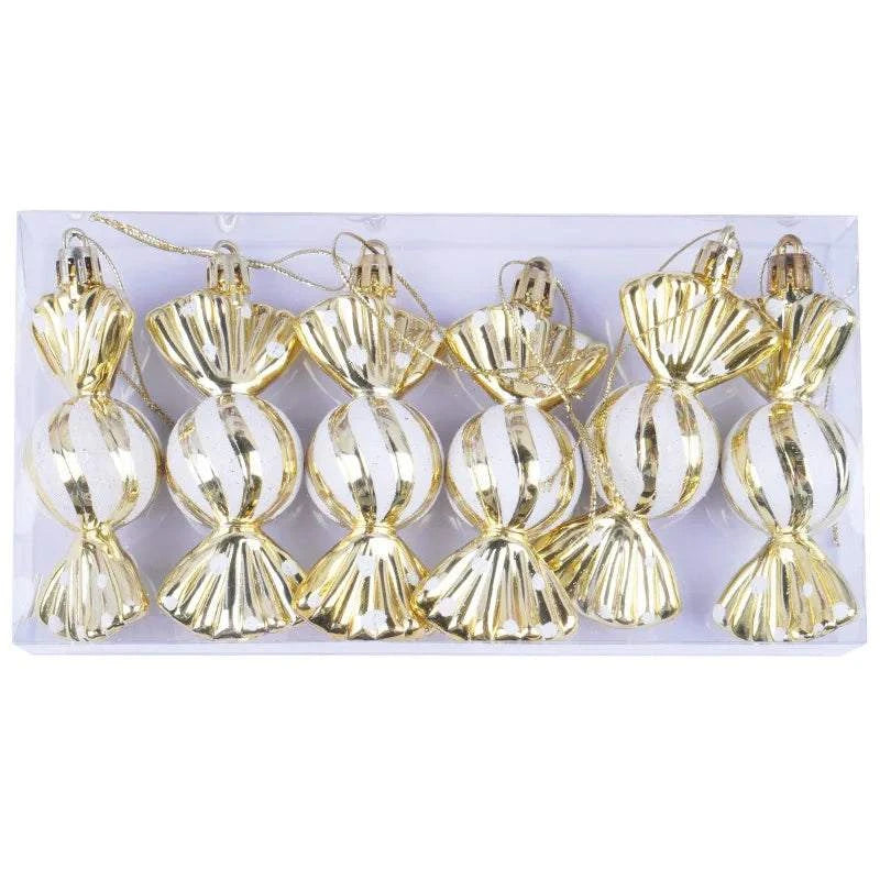 Christmas tree decorations, snowmen, faceless Santa Claus, candy sticks, colorful balls, small houses, Christmas atmosphere deco