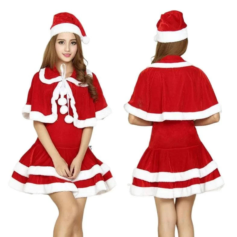 Women's sexy velvet Santa costume Christmas outfit with cape and hat