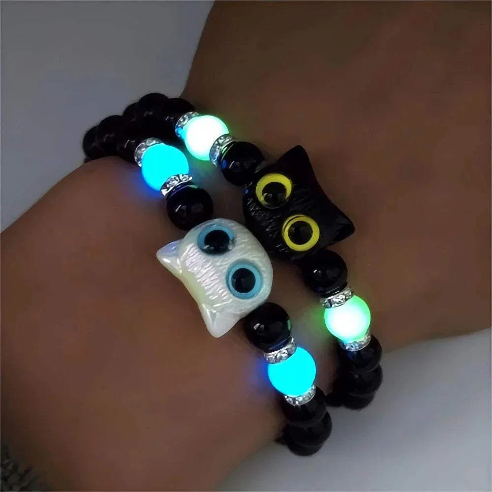 Glow in the dark couple bracelets with cat charm and luminous beads for men and women