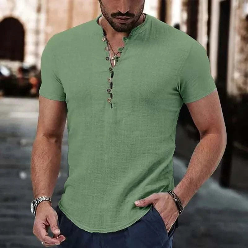 Men's Linen Casual Shirt in 2025, Simple V-neck, Summer Casual Daily Top  mens designer clothes camisas de hombre casual