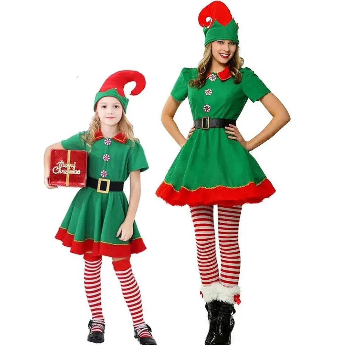 Matching Christmas elf costumes for kids and adults with green dresses, red trim, striped tights, and elf hats