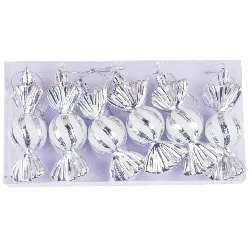 Christmas tree decorations, snowmen, faceless Santa Claus, candy sticks, colorful balls, small houses, Christmas atmosphere deco