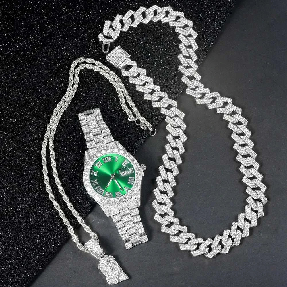 Men's Hip-hop Watch Jewelry Set Iced Out Punk Diamond Watch+Cuban Chain+Jesus Pendant Necklace Stylish Trend Men Women Gift Set