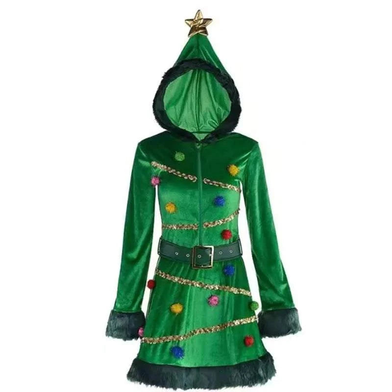 Christmas Tree Character Costume Green Dress Complete Set Of Women's Stage Performance Attire Christmas Party Outfit Warm Dress