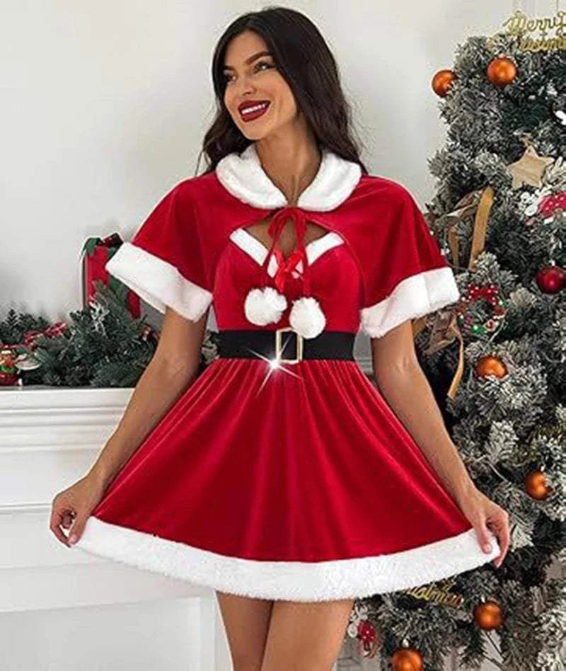 Santa Claus Costume Christmas Outfits for Women Red Sexy Christmas Dress with Cape 2Pcs Velvet Santa Costume Xmas Babydoll Furry