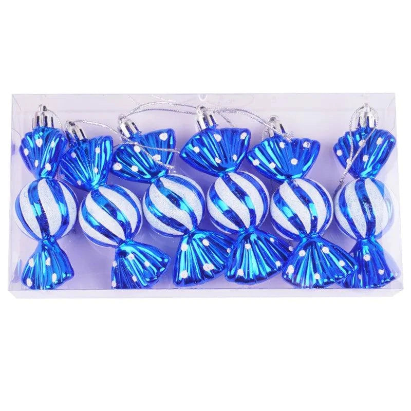 Christmas tree decorations, snowmen, faceless Santa Claus, candy sticks, colorful balls, small houses, Christmas atmosphere deco