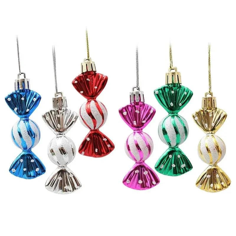 Christmas tree decorations, snowmen, faceless Santa Claus, candy sticks, colorful balls, small houses, Christmas atmosphere deco