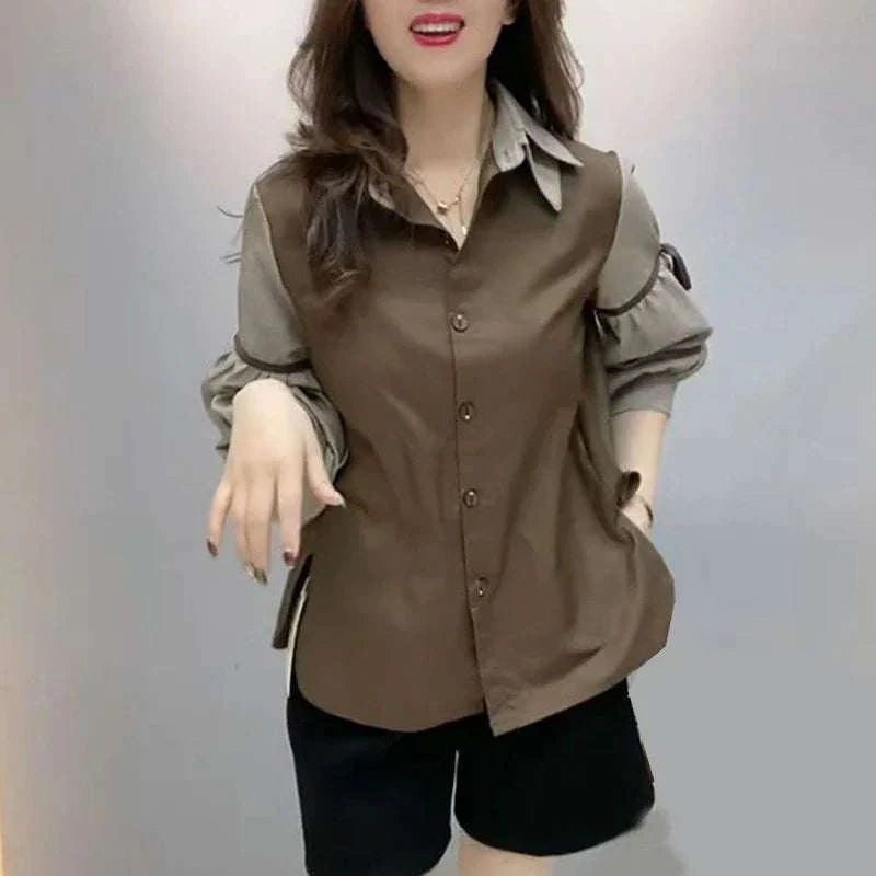 Women's Clothing Stylish Lace-up Bow Chic Button Up Shirt Contrast Color Patchwork Split Blouses Casual Lapel Long Sleeve Tops