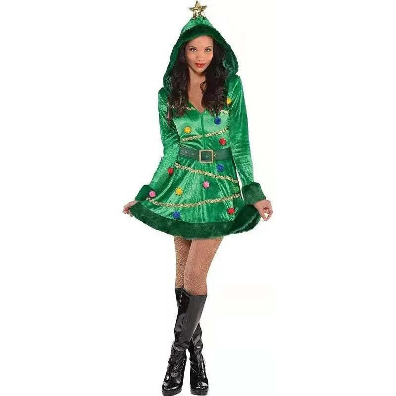 Christmas Tree Character Costume Green Dress Complete Set Of Women's Stage Performance Attire Christmas Party Outfit Warm Dress