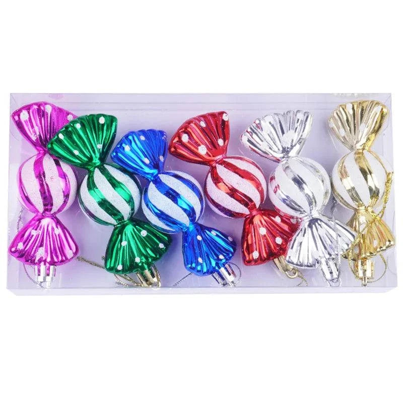 Christmas tree decorations, snowmen, faceless Santa Claus, candy sticks, colorful balls, small houses, Christmas atmosphere deco