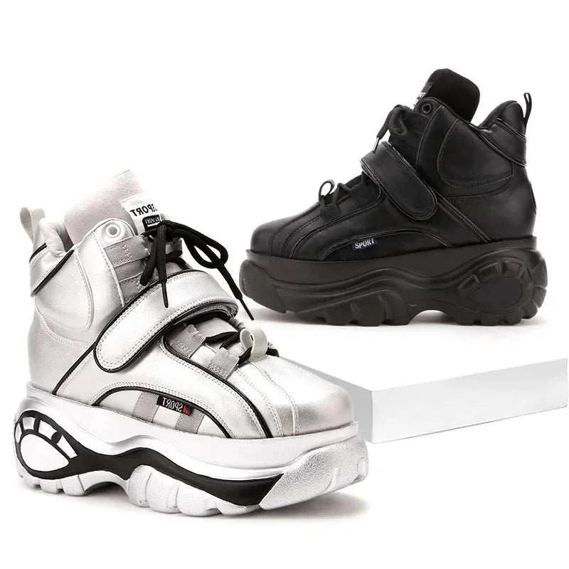 Chunky platform heel sneakers for women in black and silver, lace-up with strap closure, high wedges, breathable and high-quality casual shoes.