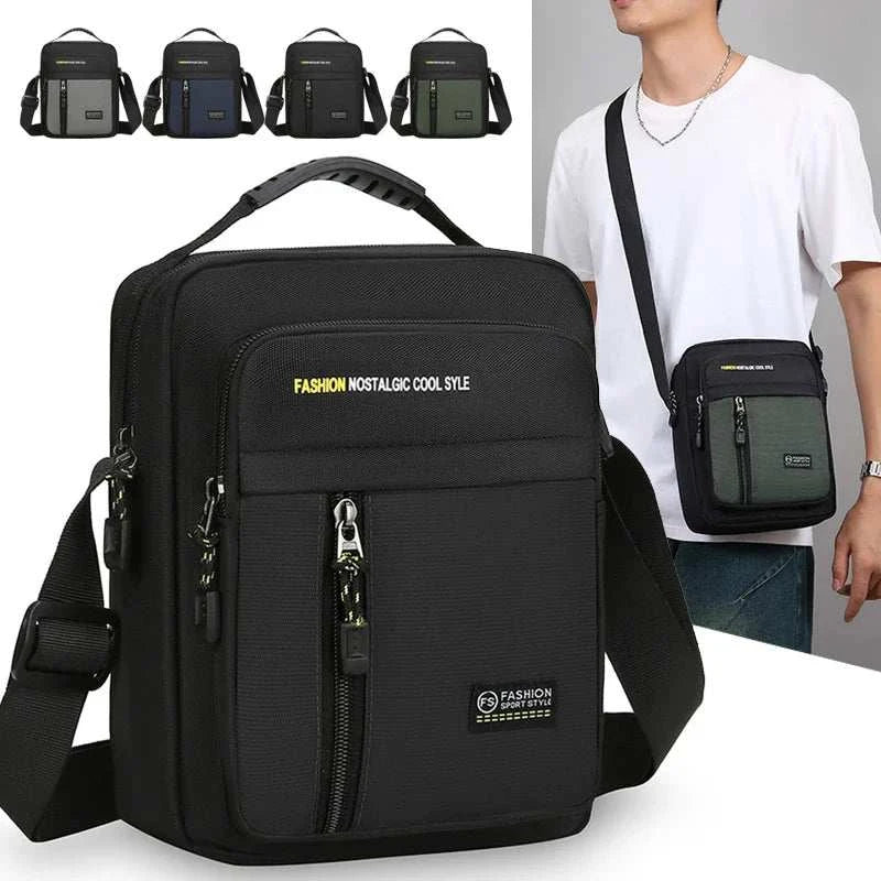 Men crossbody bag with multiple pockets, large capacity, oxford polyester material, casual tote style in black and green options.