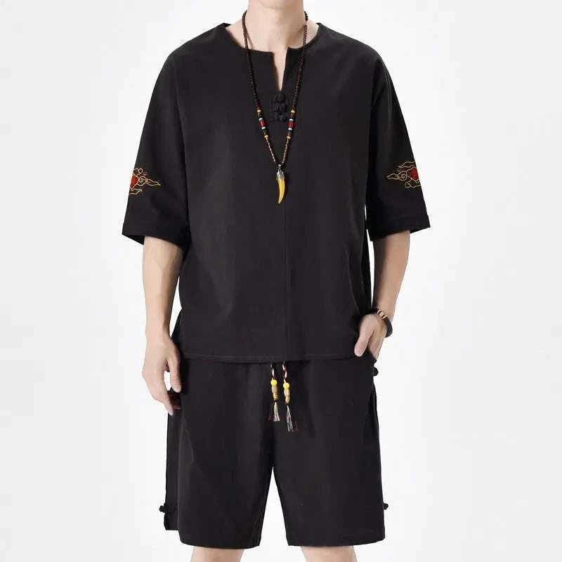 Mens Chinese Traditional Outfit - Round Collar Shirt & Shorts Set with Retro Embroidery, Breathable Linen Cotton Summer Casual