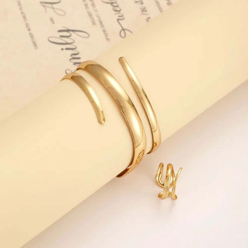 European and American Thick Bracelet and Ring Jewelry Set for Women Gold Color Geometric Line Bracelet Ring Combination Set Gift