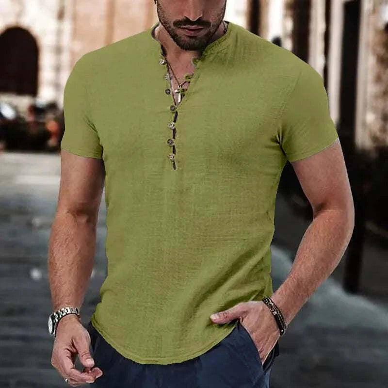 Men's Linen Casual Shirt in 2025, Simple V-neck, Summer Casual Daily Top  mens designer clothes camisas de hombre casual