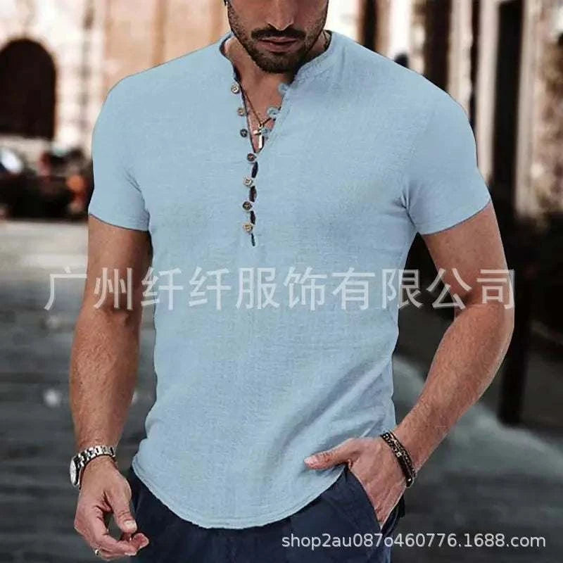 Men's Linen Casual Shirt in 2025, Simple V-neck, Summer Casual Daily Top  mens designer clothes camisas de hombre casual
