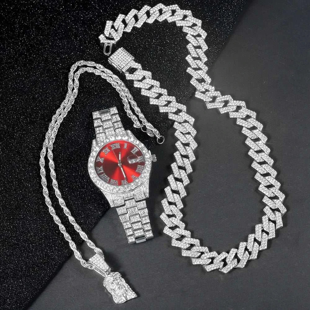 Men's Hip-hop Watch Jewelry Set Iced Out Punk Diamond Watch+Cuban Chain+Jesus Pendant Necklace Stylish Trend Men Women Gift Set