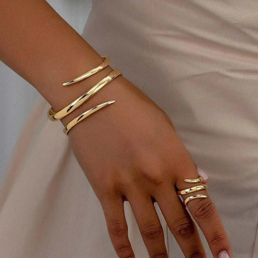 European and American thick gold color geometric line bracelet and ring set for women