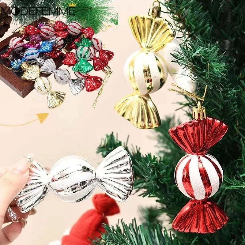 Christmas tree decorations, snowmen, faceless Santa Claus, candy sticks, colorful balls, small houses, Christmas atmosphere deco