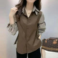 Women's Clothing Stylish Lace-up Bow Chic Button Up Shirt Contrast Color Patchwork Split Blouses Casual Lapel Long Sleeve Tops