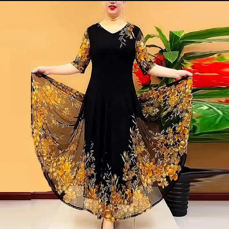 Women's Clothing Stylish Floral Printed Long Dress Summer Short Sleeve Casual Gauze Spliced Elegant V-Neck A-Line Waist Dresses