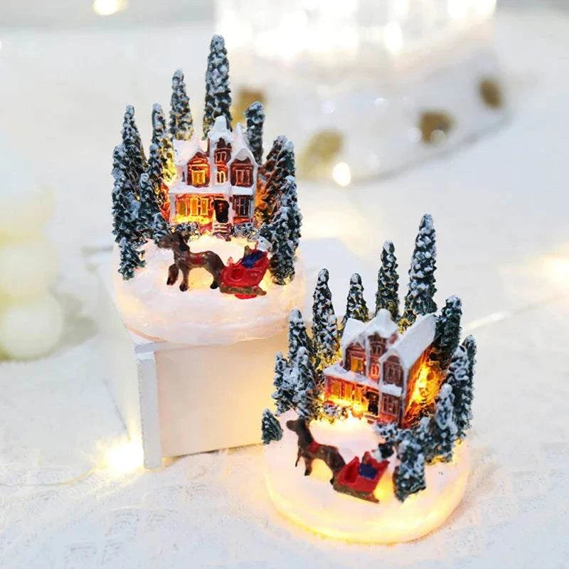LED Christmas decorations luminous miniature snowy house night lights with Santa and reindeer for holiday decor