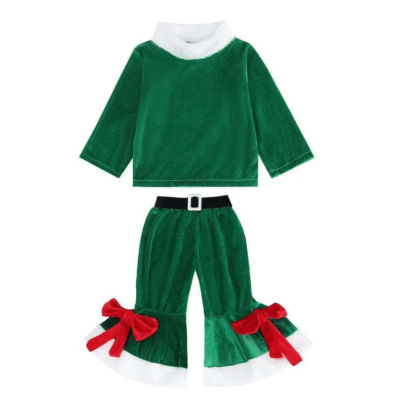 Christmas Costume Set Adorable Kawaii Girl Outfit Red Square Green New Year Attire Birthday Party Gift Suit Top Trousers and Hat