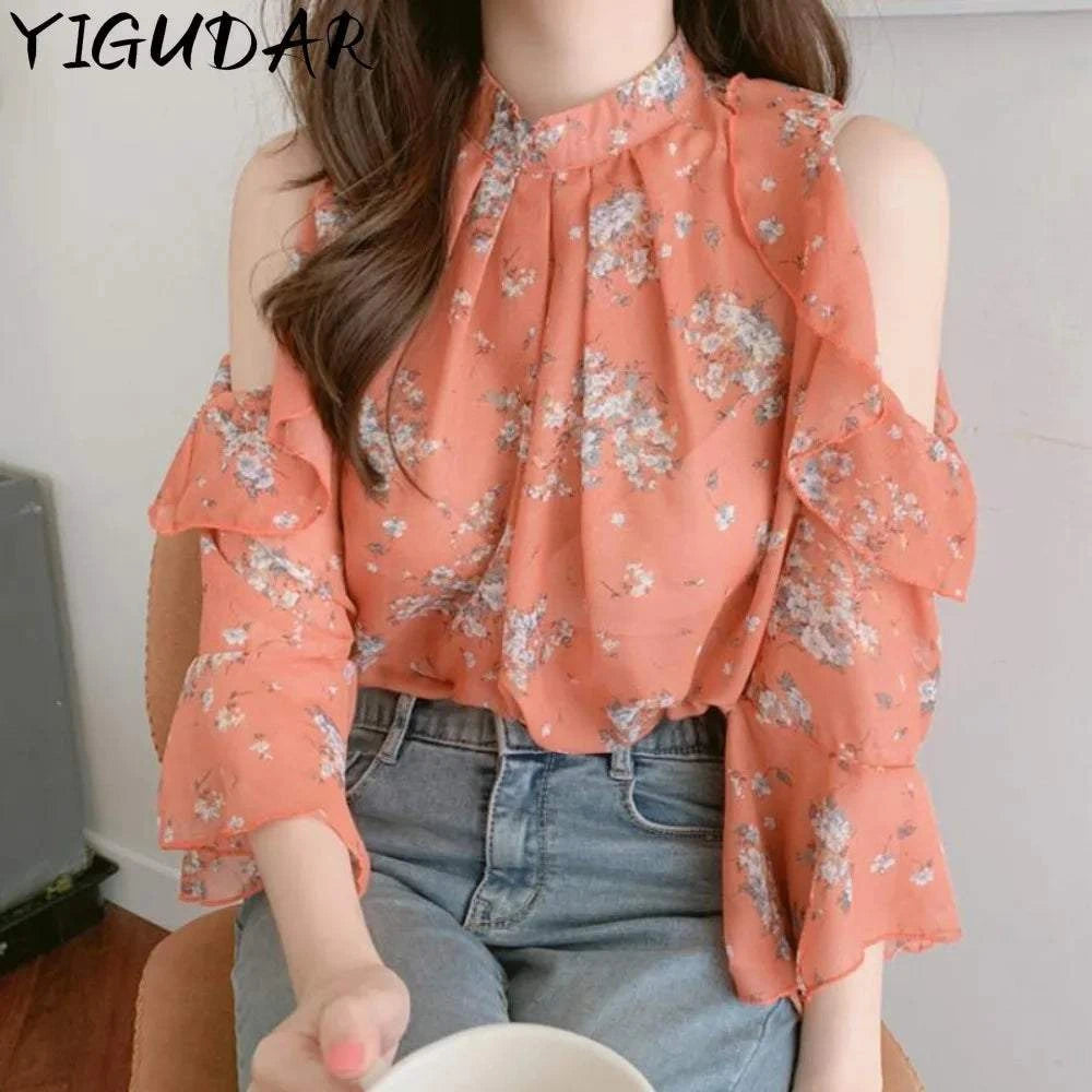 Women’s floral off shoulder chiffon blouse top with long sleeves in peach color