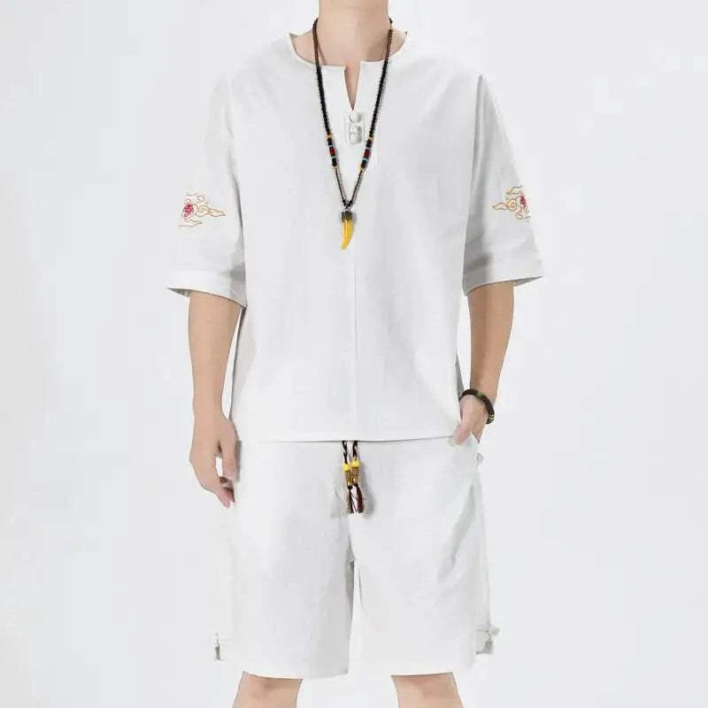 Mens Chinese Traditional Outfit - Round Collar Shirt & Shorts Set with Retro Embroidery, Breathable Linen Cotton Summer Casual