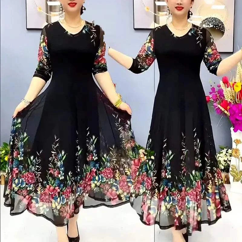 Women's Clothing Stylish Floral Printed Long Dress Summer Short Sleeve Casual Gauze Spliced Elegant V-Neck A-Line Waist Dresses