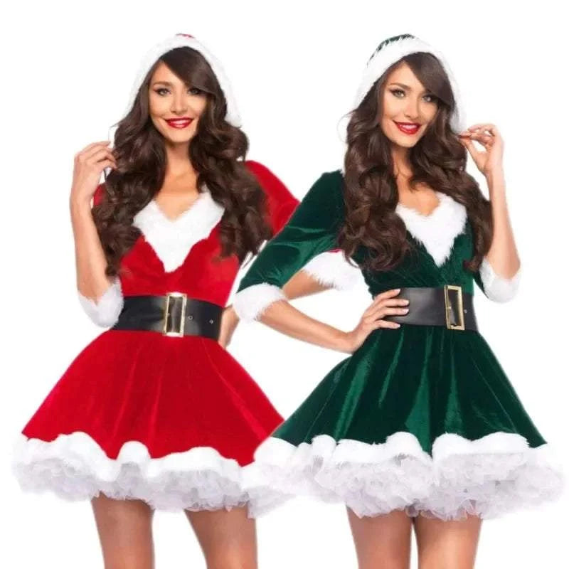 Christmas Dress Women's Sexy V-Neck Hooded Santa Costume Role Play Party Outfit Festive Performance Stage Gown  with Waist Tie