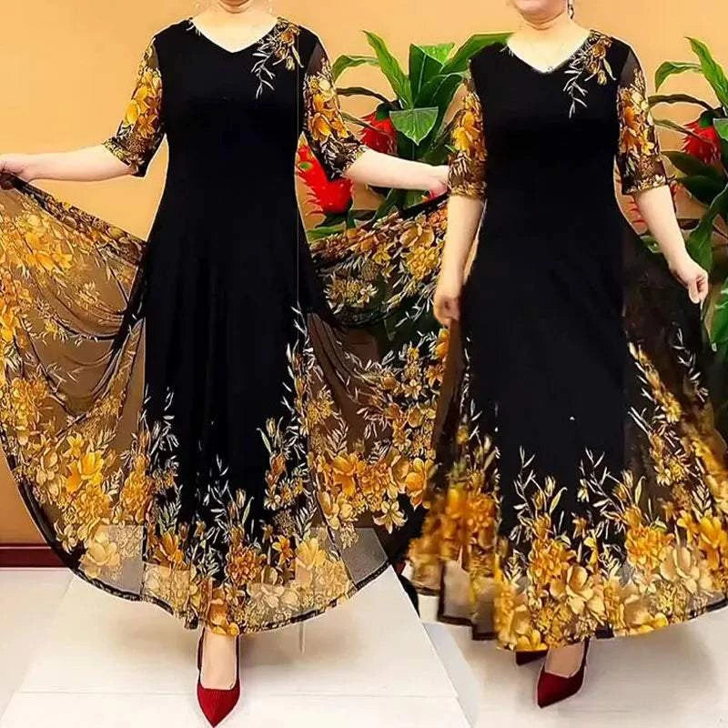 Women's clothing black and yellow floral printed ankle-length summer dress with V-neck and short gauze sleeves