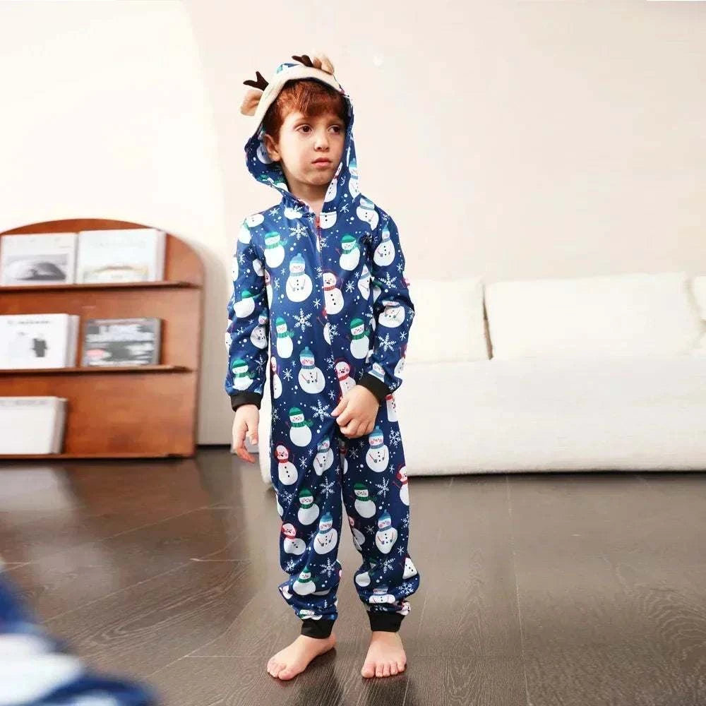 Christmas Outfits for Family Adults Kids Matching Pajamas Snowman Print Deer Ear Hooded One-Piece Jumpsuit Warm Soft Xmas Romper