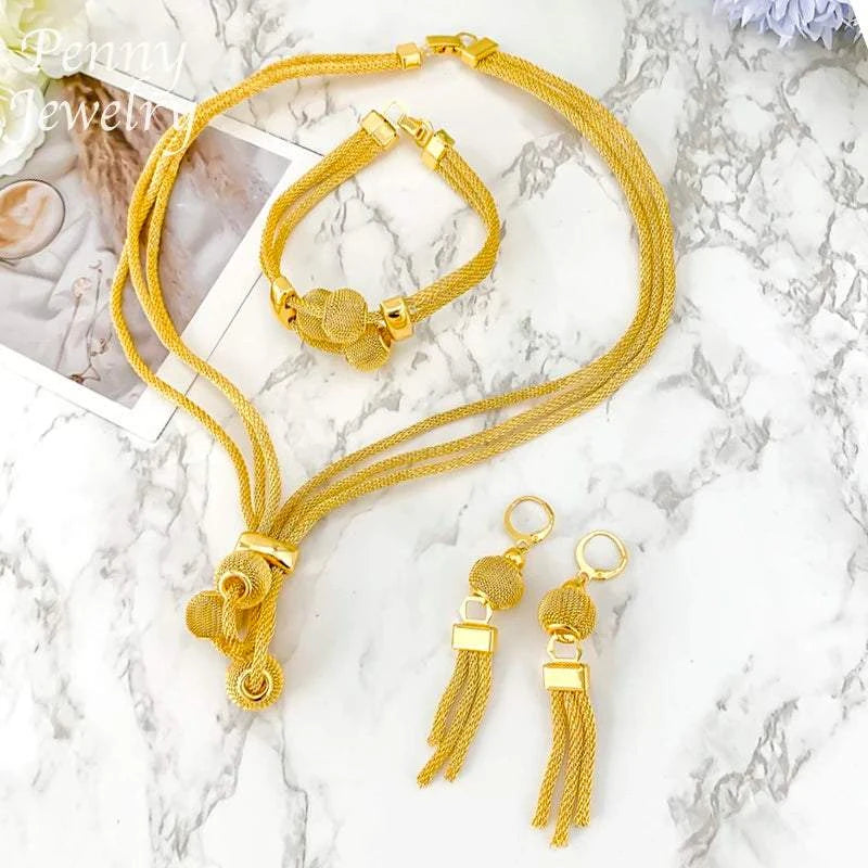 Daily Wear Exquisite Jewelry Set for Women Necklace Earrings Bracelet Dubai Gold Plated Jewellery for Banquet Party Wedding Gift