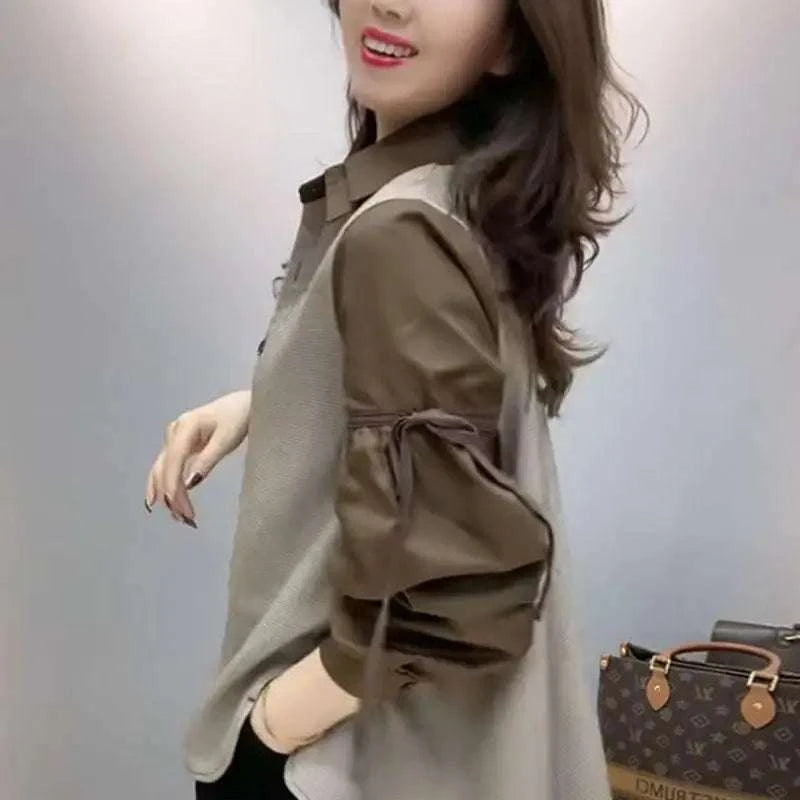 Women's Clothing Stylish Lace-up Bow Chic Button Up Shirt Contrast Color Patchwork Split Blouses Casual Lapel Long Sleeve Tops