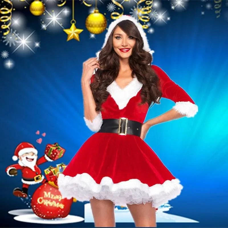 Christmas Dress Outfit For Adult Females Performance Queen Santa Lolita Party Dresses Woman Clothes And Fishnet Stockings
