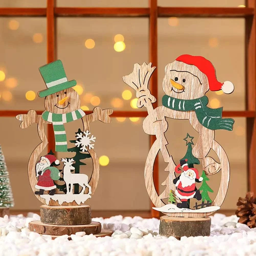 Wooden Christmas decoration ornaments featuring snowmen with Santa Claus and reindeer accents on wooden bases