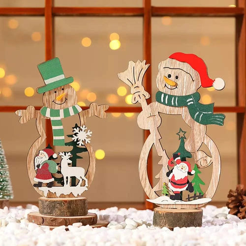 Wooden Christmas decoration ornaments featuring snowmen with Santa Claus and reindeer accents on wooden bases