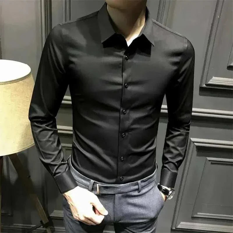 Men's black long sleeve formal dress shirt with button closure and turn-down collar