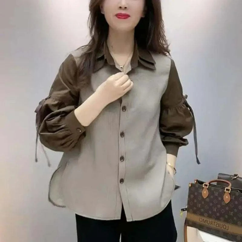 Women's Clothing Stylish Lace-up Bow Chic Button Up Shirt Contrast Color Patchwork Split Blouses Casual Lapel Long Sleeve Tops