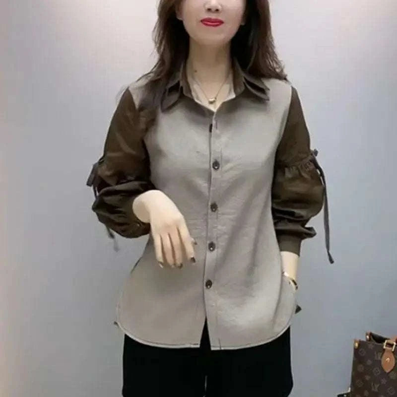 Women's Clothing Stylish Lace-up Bow Chic Button Up Shirt Contrast Color Patchwork Split Blouses Casual Lapel Long Sleeve Tops