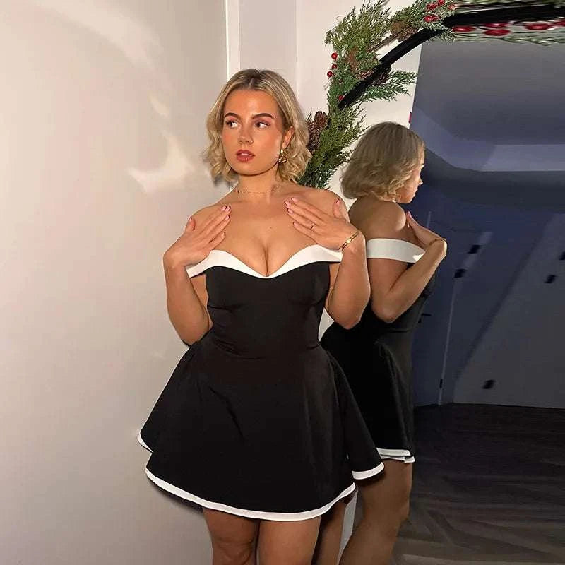 Female Clothing Women's Dresses Elegant One-shoulder Contrasting Color Design, Bust-revealing, Waist-shaping Short Skirt Dresses