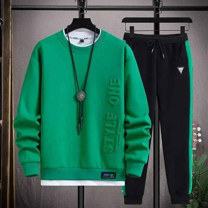 Men T-shirt pant set with green sweatshirt and black pants with green stripes, casual style tracksuit