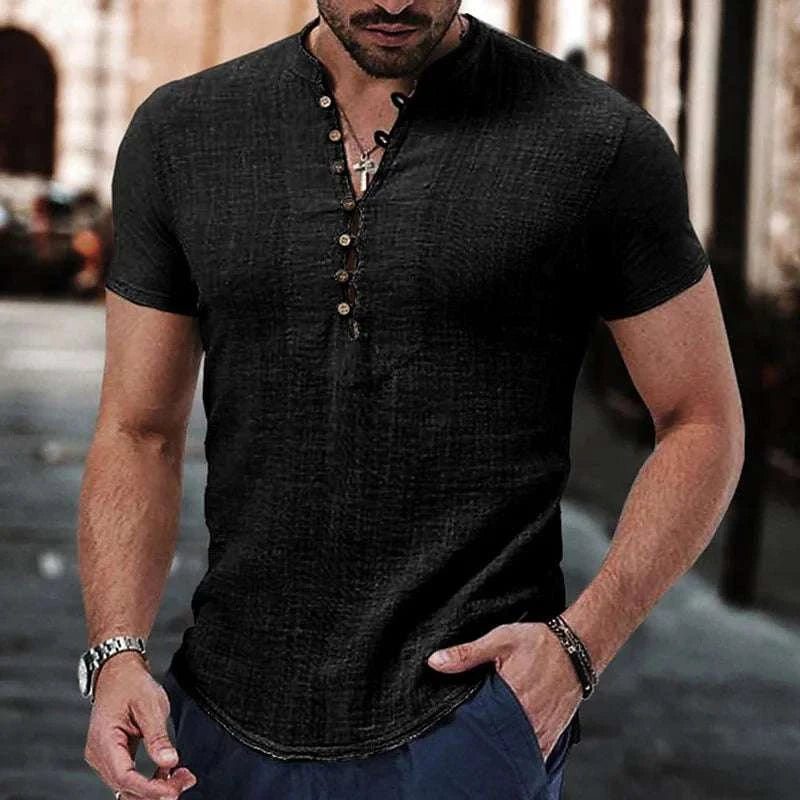 Men's black linen casual shirt with V-neck and short sleeves for summer daily wear