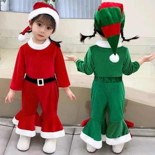 Christmas Costume Set Adorable Kawaii Girl Outfit Red Square Green New Year Attire Birthday Party Gift Suit Top Trousers and Hat