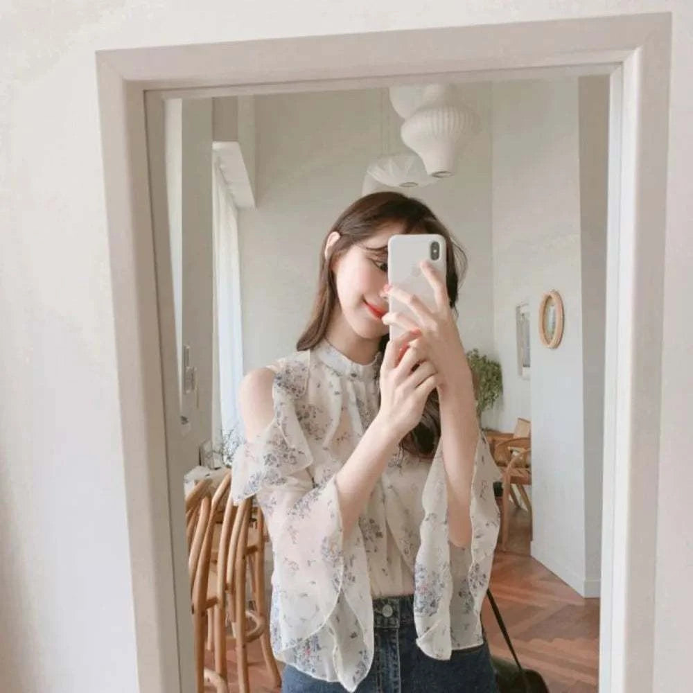 Fashion Woman Off Shoulder Blouse Shirts For Women Stylish Top long Sleeve Female Tops Elegant Chiffon Mujer Woman Clothes