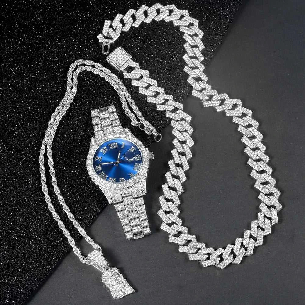 Men's hip-hop watch set with iced out diamond watch, Cuban chain, and Jesus pendant necklace on black background