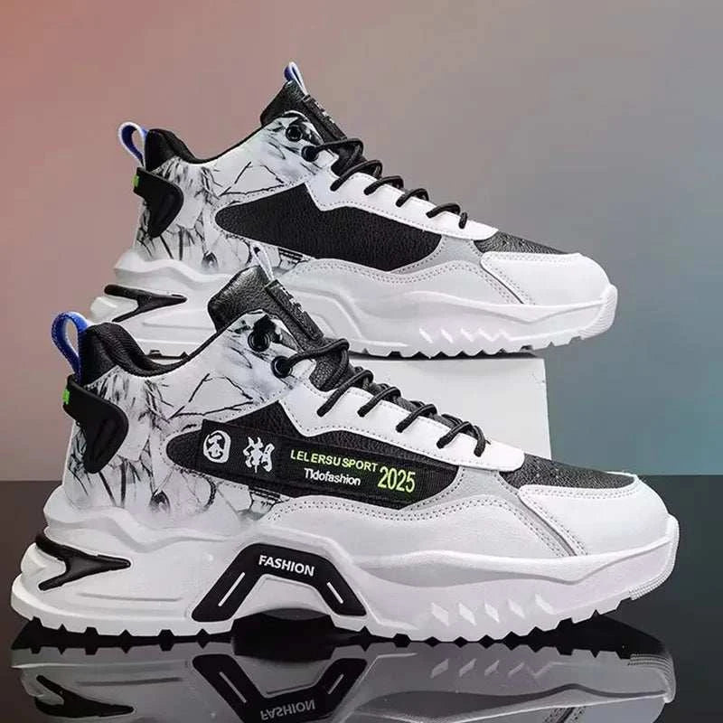 2025 men's breathable mesh sneakers with platform sole and black white design for casual and running use