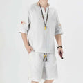 Mens Chinese Traditional Outfit - Round Collar Shirt & Shorts Set with Retro Embroidery, Breathable Linen Cotton Summer Casual